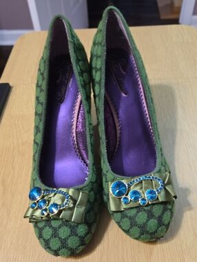 Poetic License Green Patterned Heels with Blue Jewel Accents
